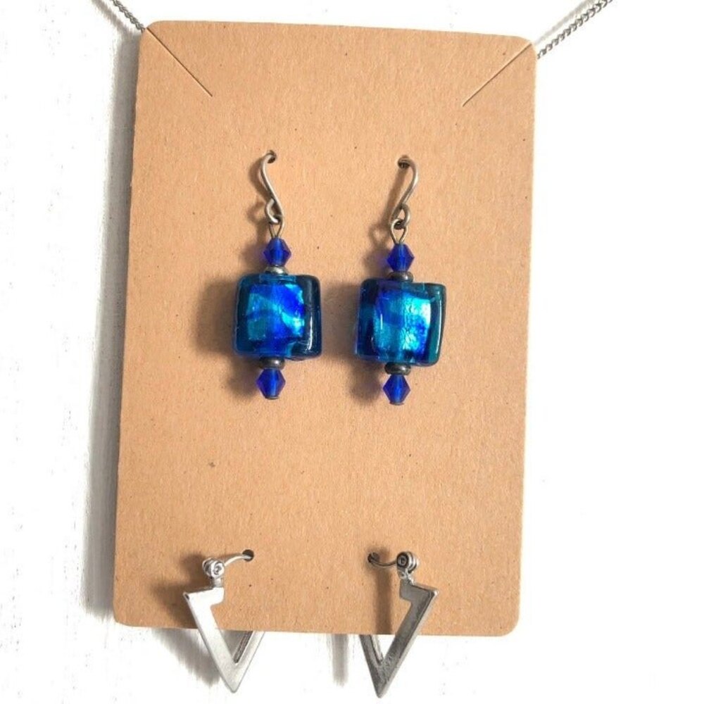 Square Blue Dangle Silver Tone Triangle Pierced Earrings